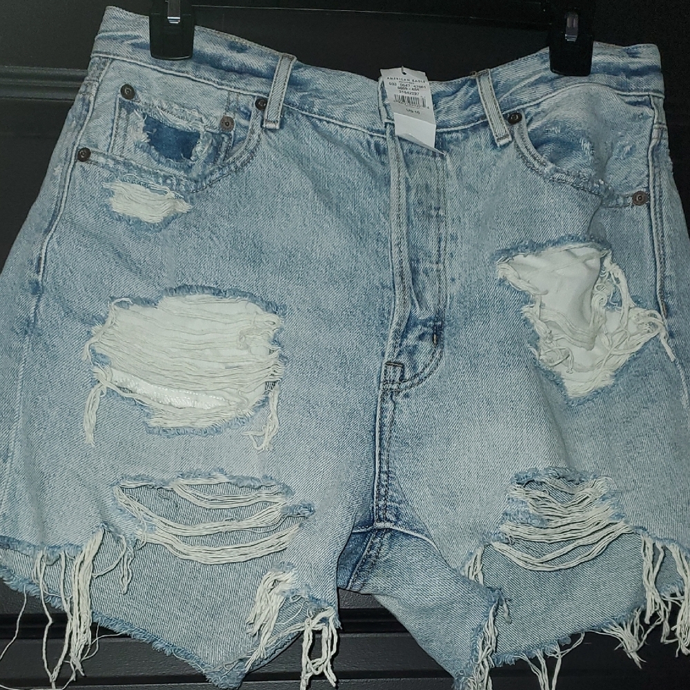 Blue Distressed Jean Shorts with Frayed Hem